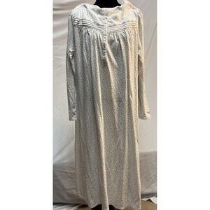 Eileen West Women Large White & Blue Design  Nightgown Lace Trim Button Front